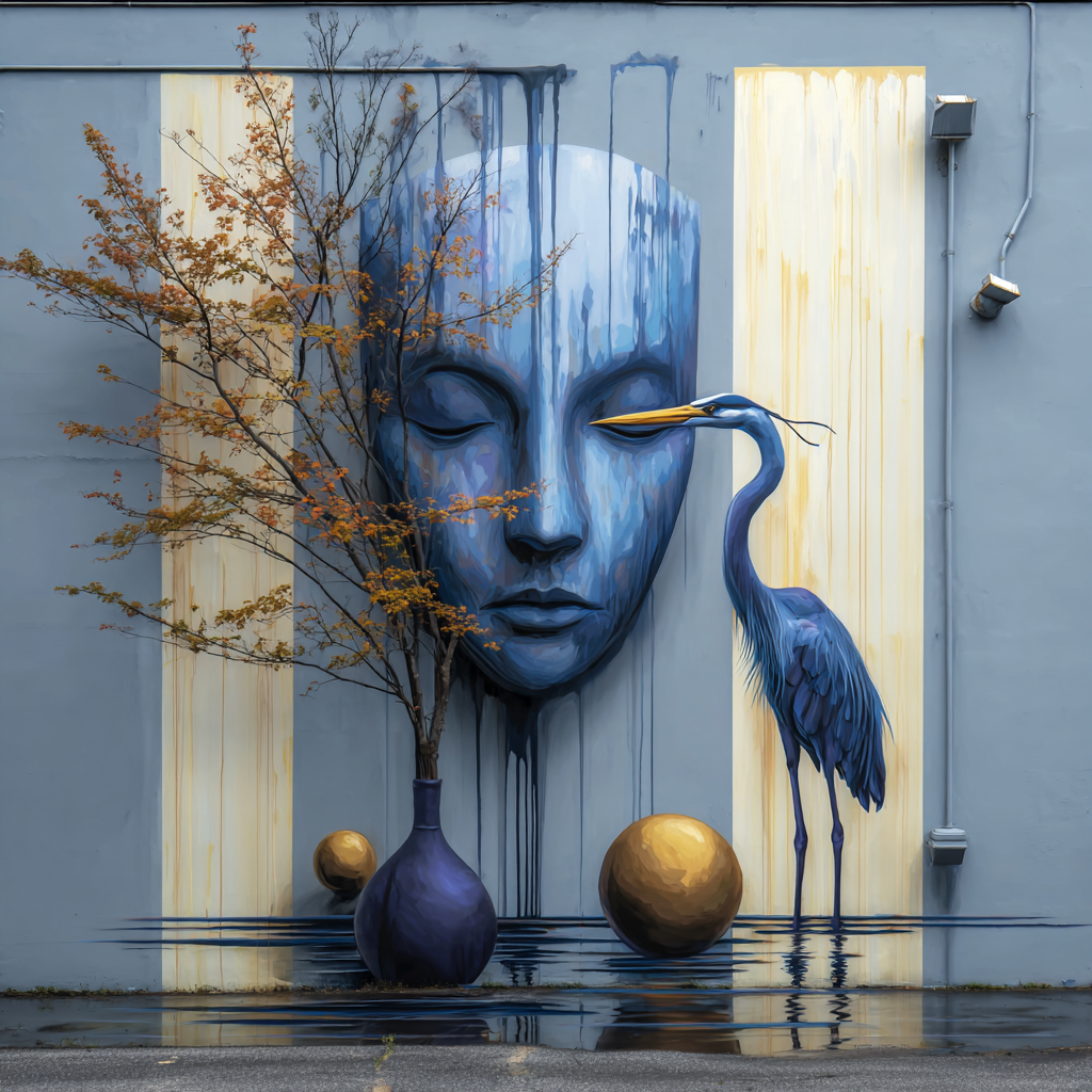 Symbolisches Street-Art-Wandbild mit ruhigem Frauenkopf, Reiher und abstrakten Objekten in Blau-Gold-Tönen, das Stille, Wahrnehmung und Identität im urbanen Raum thematisiert.