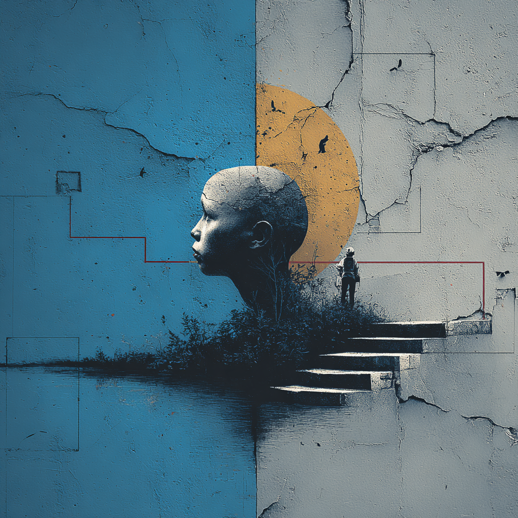 Symbolisches Profil eines menschlichen Kopfes vor geteilter Wand in Blau und Grau, goldener Kreis im Hintergrund, kleine Figur steigt eine Treppe hinauf, abstrakte digitale Kunst.