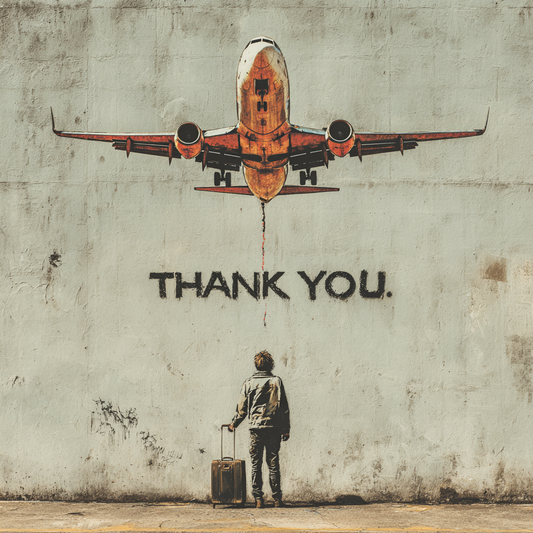 Street-Art-Graffiti mit Flugzeug, Schriftzug „THANK YOU“ und einer Person mit Koffer vor Betonwand.
