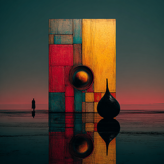 Symbolisches Kunstwerk mit geometrischem Tor, zentralem Kreis, menschlicher Silhouette und spiegelnder Wasserfläche in ruhiger, abstrakter Komposition.