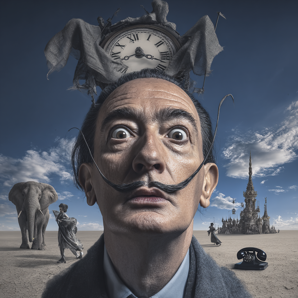 Surreales Porträt eines Mannes mit Uhr auf dem Kopf in weiter Landschaft.