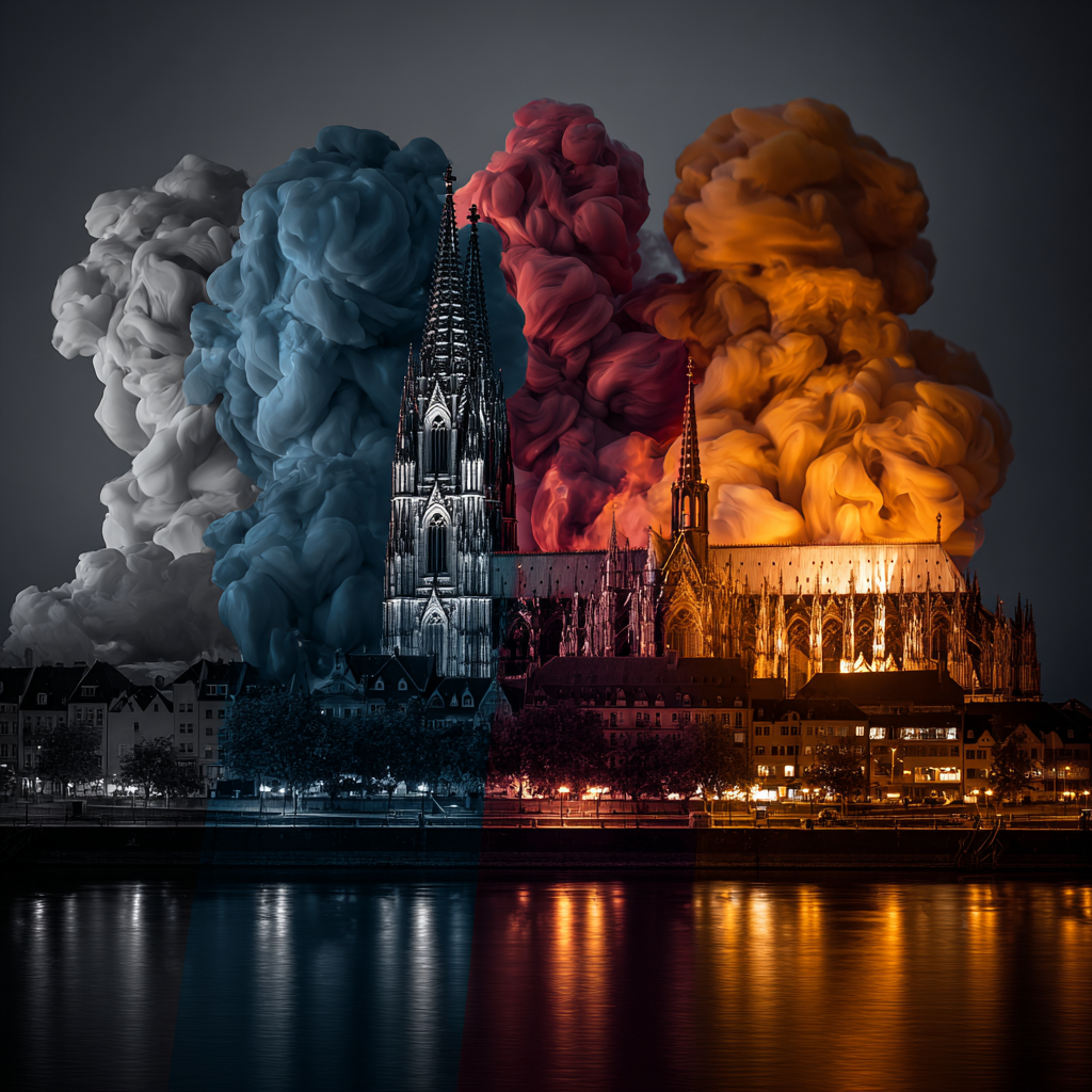 Kölner Dom bei Nacht mit vier farbigen Rauchwolken in Weiß, Blau, Rot und Gold im Hintergrund.