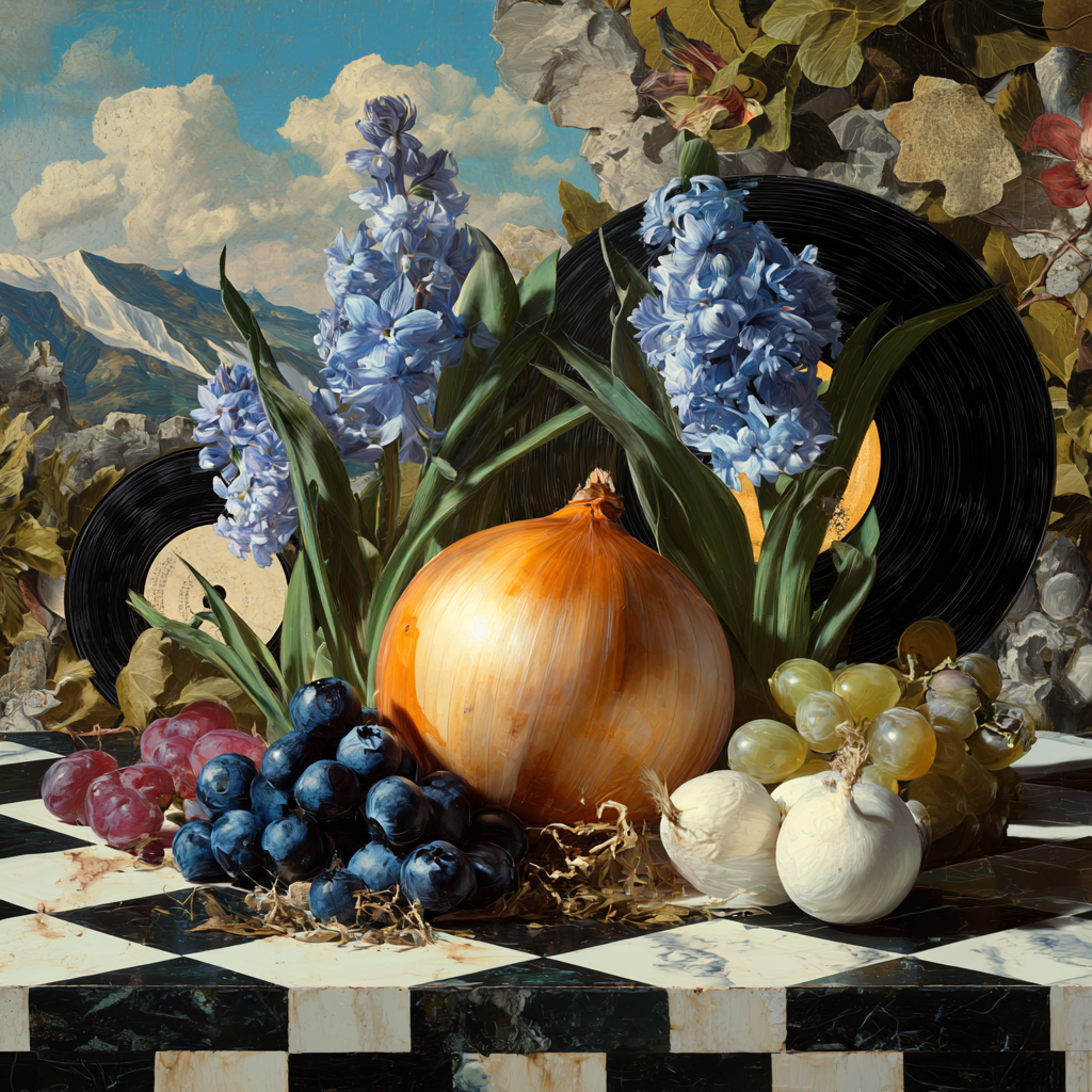Symbolisches Stillleben mit Zwiebel, Trauben, Blüten und Schallplatten.
