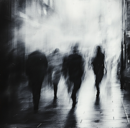 Abstrakte Schwarz-Weiß-Szene mit unscharfen, gehenden Silhouetten in urbaner Umgebung.