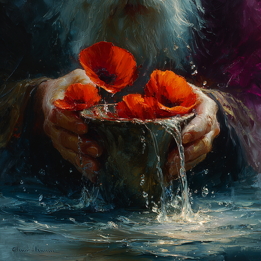 Hände halten eine Schale mit roten Mohnblüten, aus der Wasser fließt.