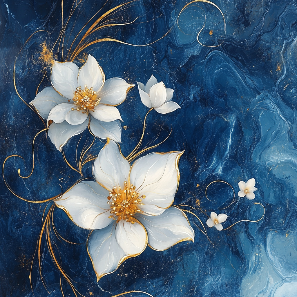 Florales Kunstwerk mit weißen Blüten auf tiefblauem Hintergrund und goldenen Linien.