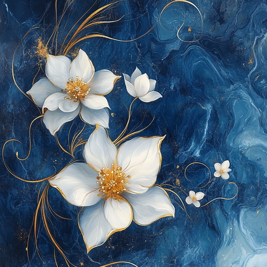 Florales Kunstwerk mit weißen Blüten auf tiefblauem Hintergrund und goldenen Linien.
