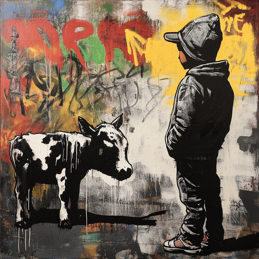 Street-Art-Motiv mit einem Kind und einem Kalb, die sich vor einer Graffitiwand gegenüberstehen.