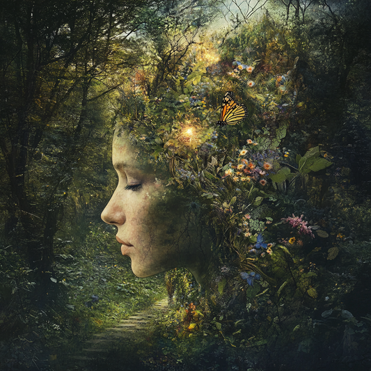 Poetisches Profilporträt einer Frau, verwoben mit Wald, Blumen und einem Schmetterling in ruhiger Naturstimmung