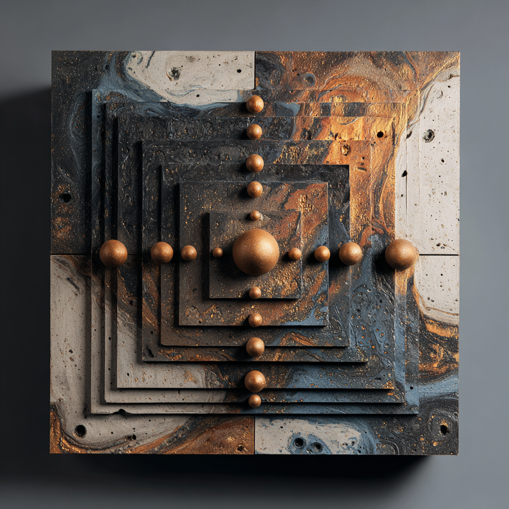 Geometrische Kunst mit gestapelten Quadraten und goldfarbenen Kugeln in ruhiger, symbolischer Anordnung.