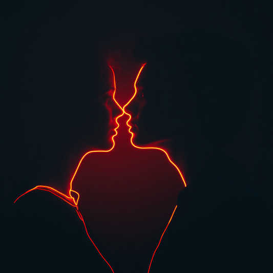 Minimalistisches Neonlinien-Porträt zweier Gesichter, die sich gegenüberstehen und in rotem Licht verbunden sind.