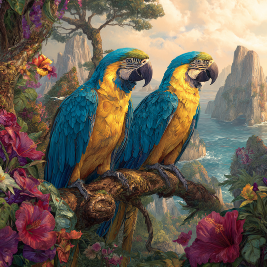 Symbolische Tierdarstellung mit zwei farbenfrohen Papageien auf einem Ast in üppiger Landschaft, ruhige und naturverbundene Atmosphäre