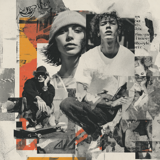 Street-Art-Collage mit jungen Menschen, Skateboard und urbanen Texturen in Schwarz-Weiß mit orangefarbenen Akzenten.