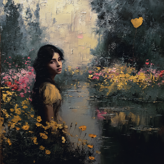 Junge Frau in impressionistischer Gartenlandschaft mit Teich und gelben Blüten.