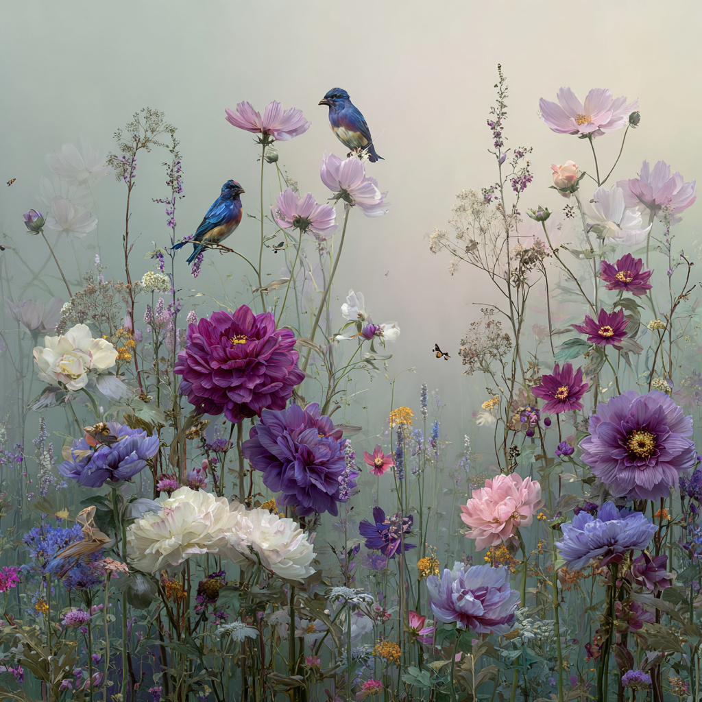 Florale Wiese mit zarten Blüten in Violett und Rosé, auf denen kleine blaue Vögel sitzen.