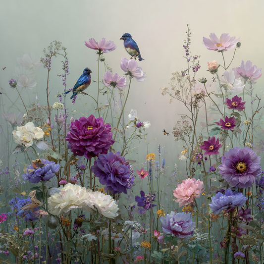 Florale Wiese mit zarten Blüten in Violett und Rosé, auf denen kleine blaue Vögel sitzen.
