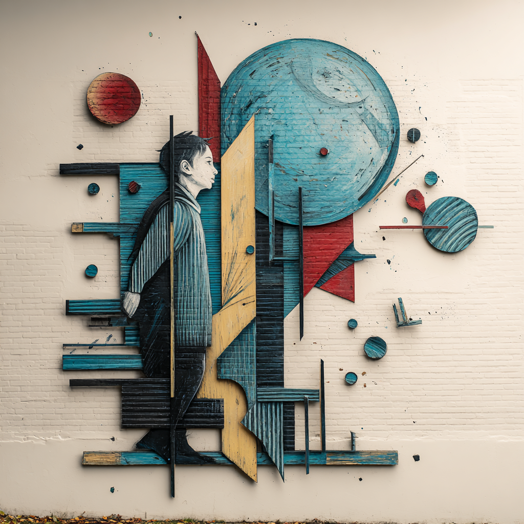 Abstraktes Kunstwerk mit gehender menschlicher Figur, geometrischen Formen und architektonischen Elementen als Symbol für Übergang und innere Bewegung.
