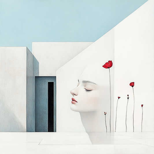 Symbolisches Porträt eines ruhenden Gesichts in minimalistischer Architektur mit roten Blüten.