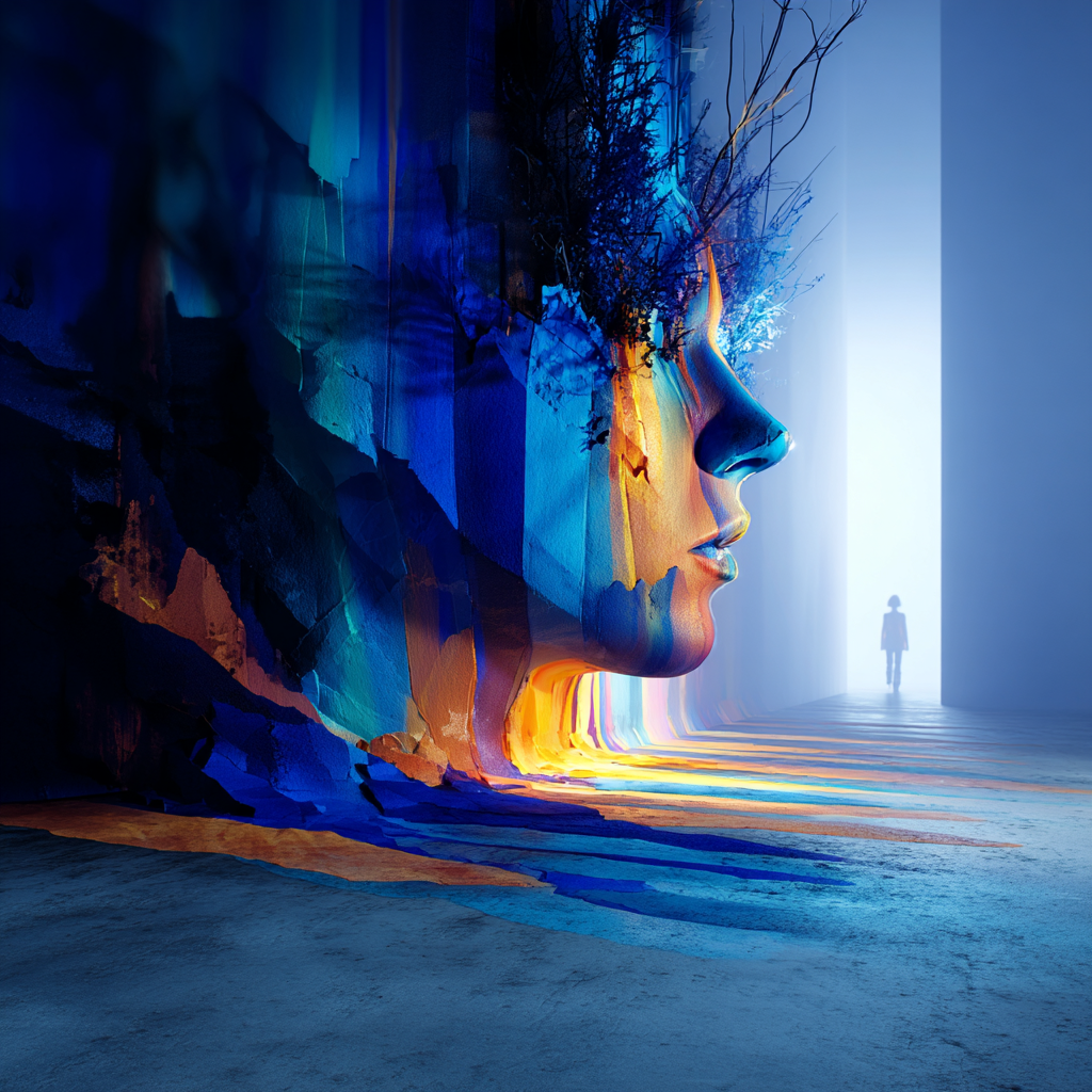 Symbolisches Porträt eines weiblichen Profils aus Farb- und Lichtschichten, im Hintergrund eine kleine Figur im hellen Durchgang, ruhig-poetische Atmosphäre