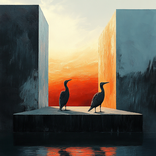 Zwei schwarze Vögel stehen auf einer Plattform zwischen hohen geometrischen Wänden, im Hintergrund ein leuchtender orange-goldener Himmel als symbolischer Durchgang.