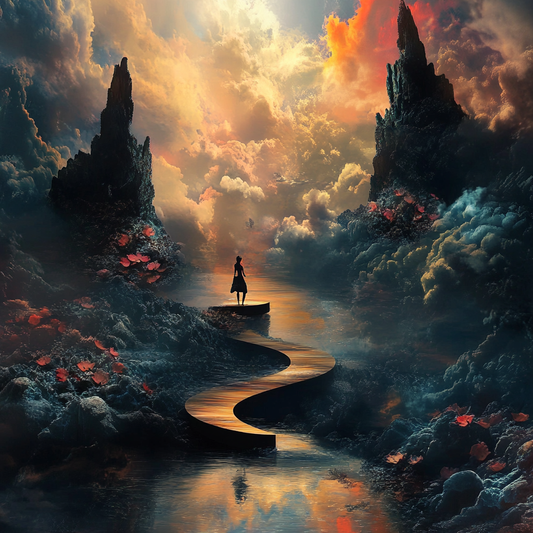 Symbolische Szene mit schmalem Weg über Wasser, einzelner Figur und dramatischem Himmel.