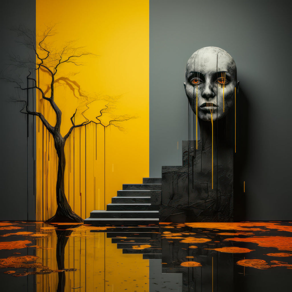 Surreal-symbolisches Kunstwerk mit skulpturalem Porträt, Treppe als Übergangsmotiv und goldenen Akzenten in reduzierter Farbpalette.