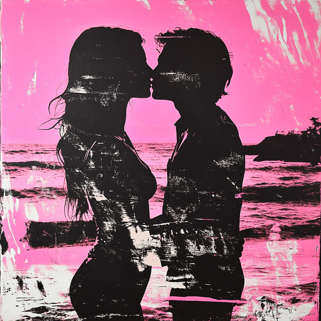 Romantisches Kunstmotiv eines küssenden Paares als Silhouette vor pinkem Himmel am Meer.