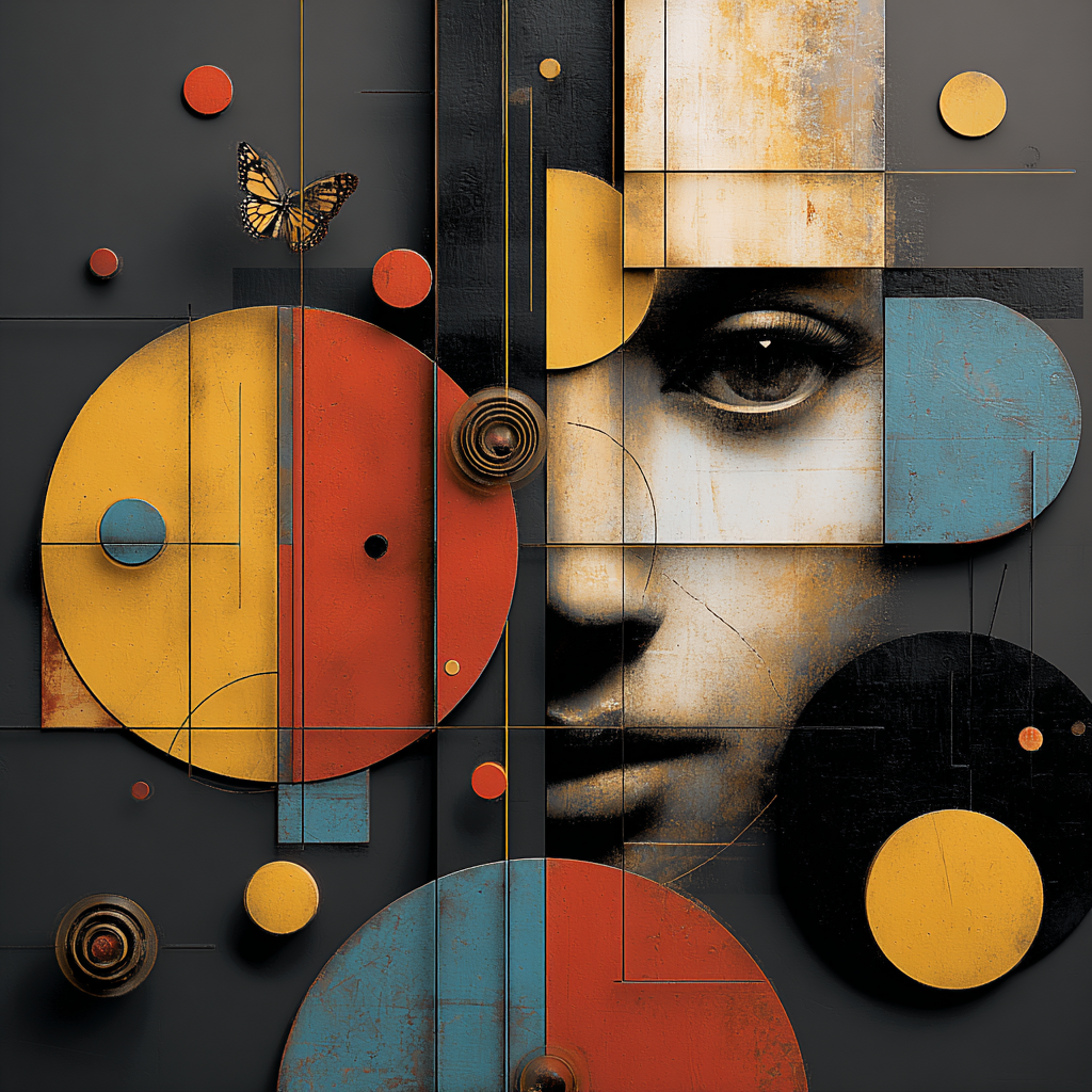 Abstrakt-geometrisches Frauenporträt mit sichtbarem Auge, Kreisen, Linien und Schmetterling in gedeckten Farben.
