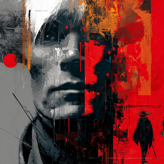 Abstraktes Porträt mit fragmentiertem Gesicht in Grau und Rot, urbaner Textur und symbolischer Figur in moderner Digitalkunst.