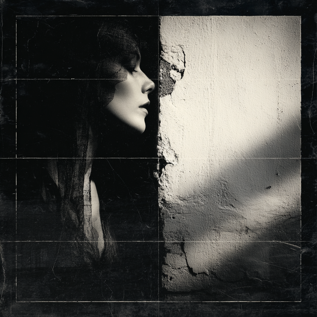 Schwarzweißes Frauenprofil im Seitenlicht vor strukturierter Wand in ruhiger, melancholischer Stimmung.