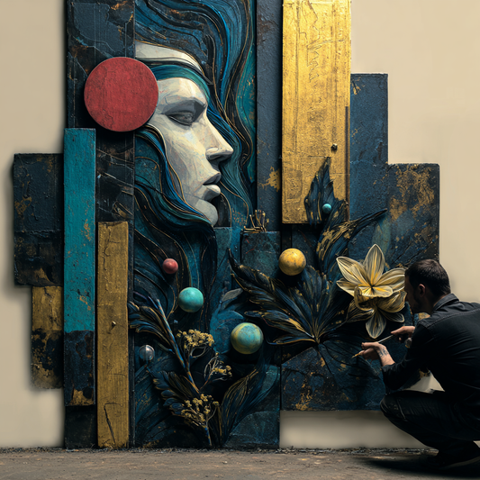 Street-Art-Porträt einer weiblichen Figur in Blau- und Goldtönen, ergänzt durch florale und geometrische Elemente, während ein Künstler an der Wand arbeitet.