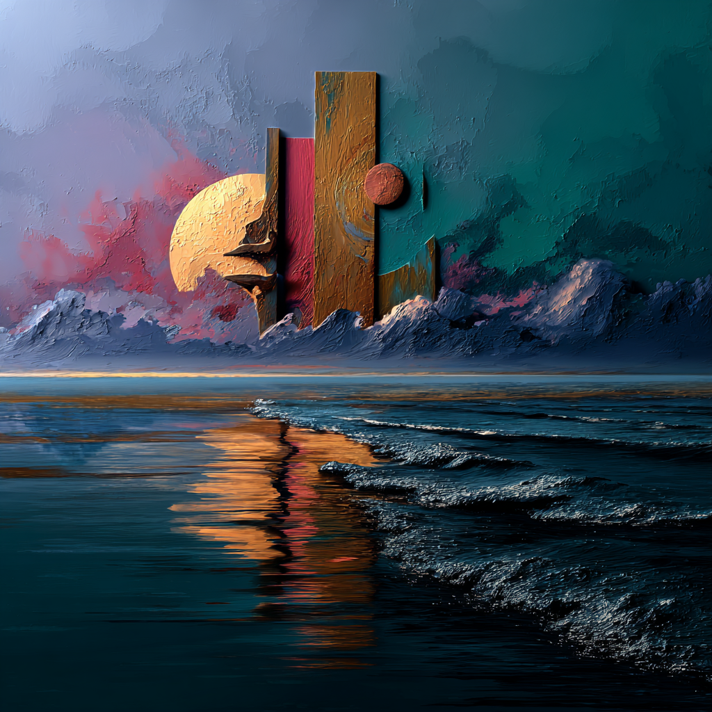 Abstrakte Meereslandschaft mit geometrischen Formen, ruhigem Wasser und symbolischer Lichtstimmung