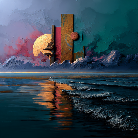 Abstrakte Meereslandschaft mit geometrischen Formen, ruhigem Wasser und symbolischer Lichtstimmung