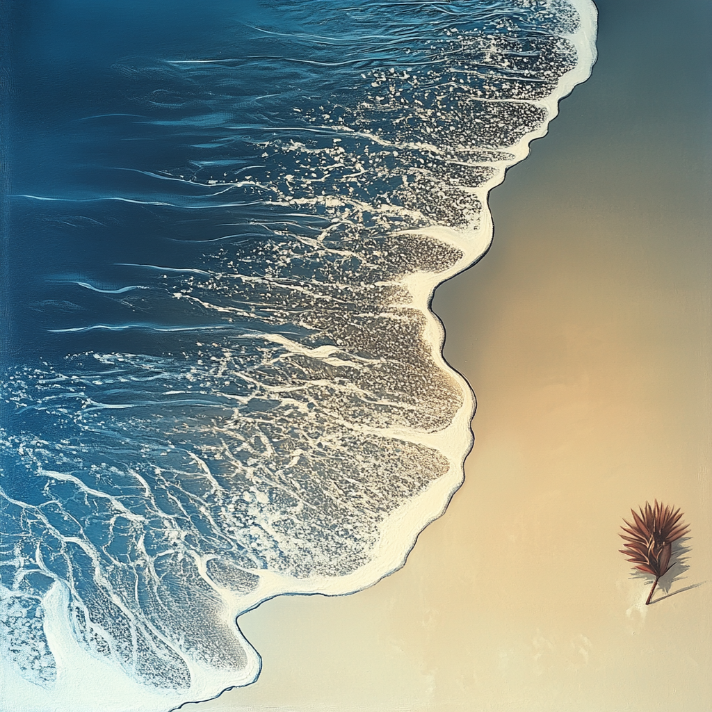 Luftaufnahme einer Meereswelle, die sanft auf einen hellen Sandstrand trifft, mit einem einzelnen Blatt am Rand als ruhigem, symbolischem Detail.
