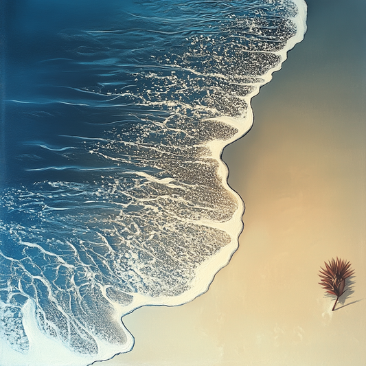 Luftaufnahme einer Meereswelle, die sanft auf einen hellen Sandstrand trifft, mit einem einzelnen Blatt am Rand als ruhigem, symbolischem Detail.